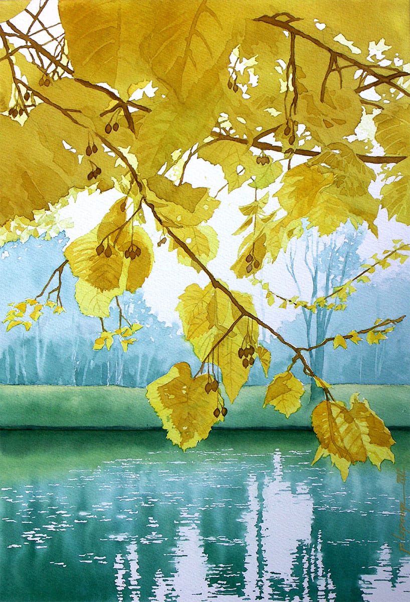 Galerie de tableaux à l'aquarelle de Jean-Sylvain Lapouge – aquarelle, feuillage d'automne et lac