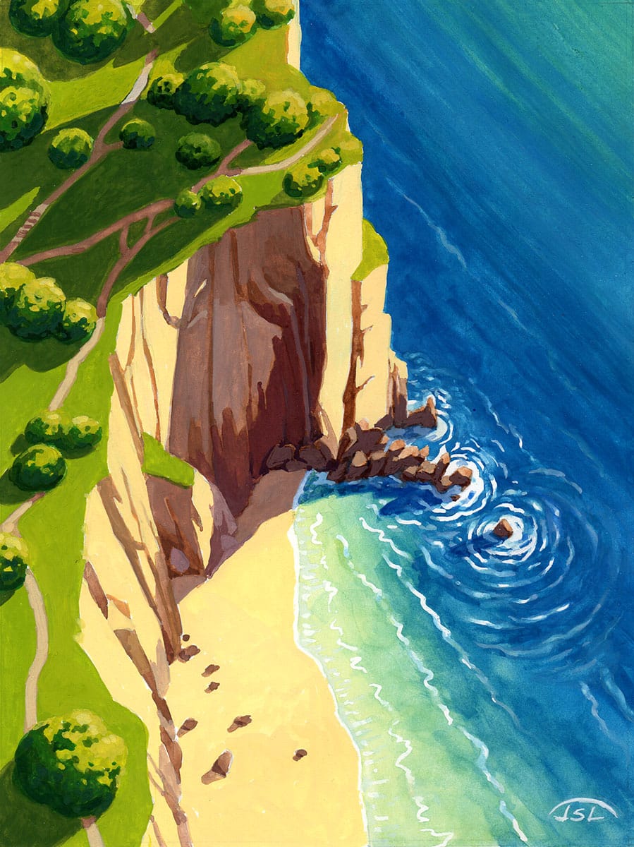 Galerie de tableaux à la gouache de Jean-Sylvain Lapouge – gouache de bords de mer, falaise et plage en vue aérienne