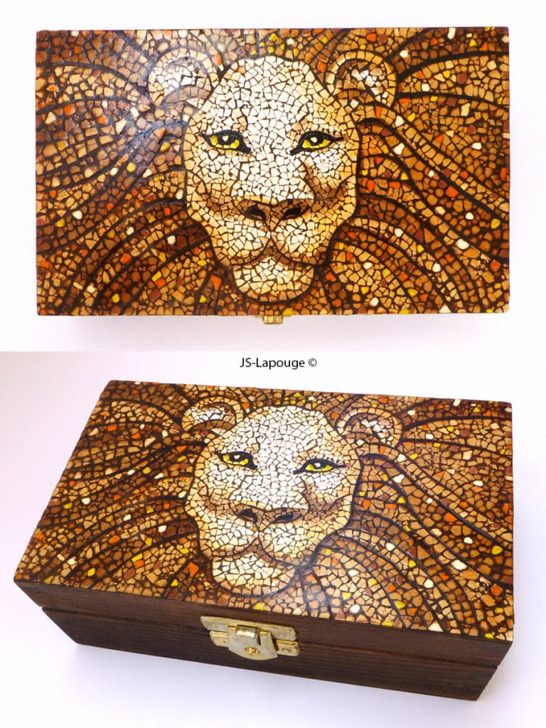 Galerie objets d'art en mosaïque de coquille d'œuf - Boite, mosaïque tête de lion